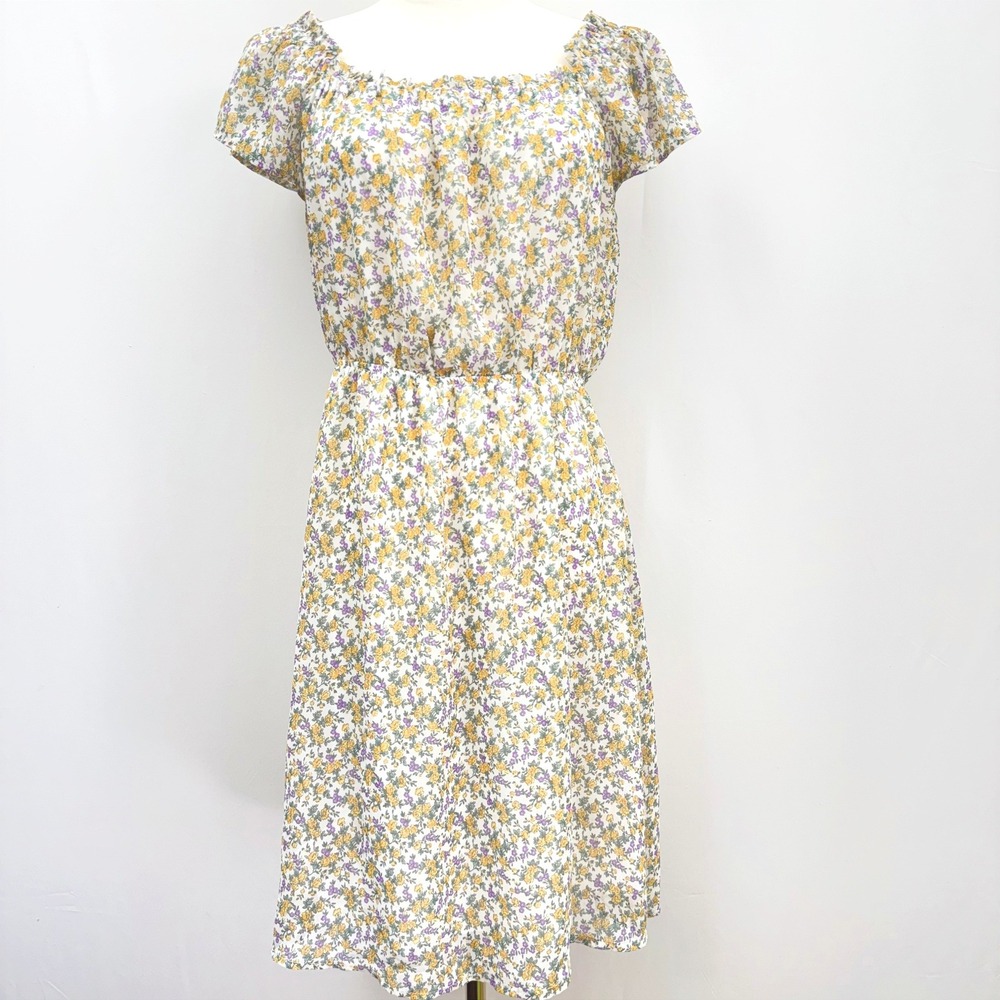 Kaileigh Yellow Purple Floral Square Neck Mini Dress Womens Medium Short Sleeve